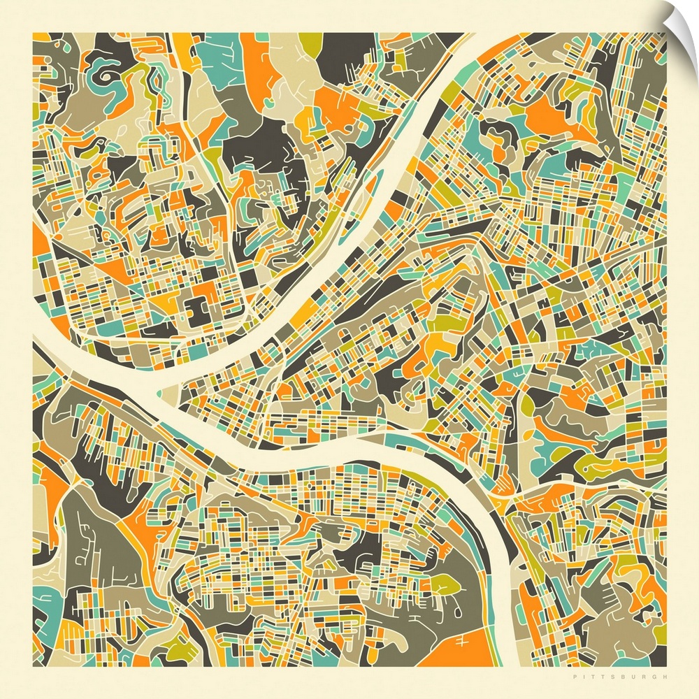 Colorfully illustrated aerial street map of Pittsburgh, Pennsylvania on a square background.
