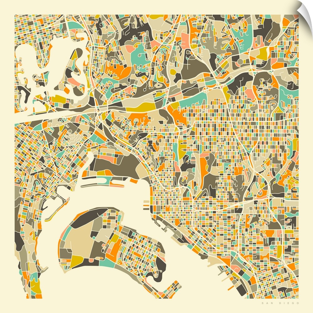 Colorfully illustrated aerial street map of San Diego, California on a square background.
