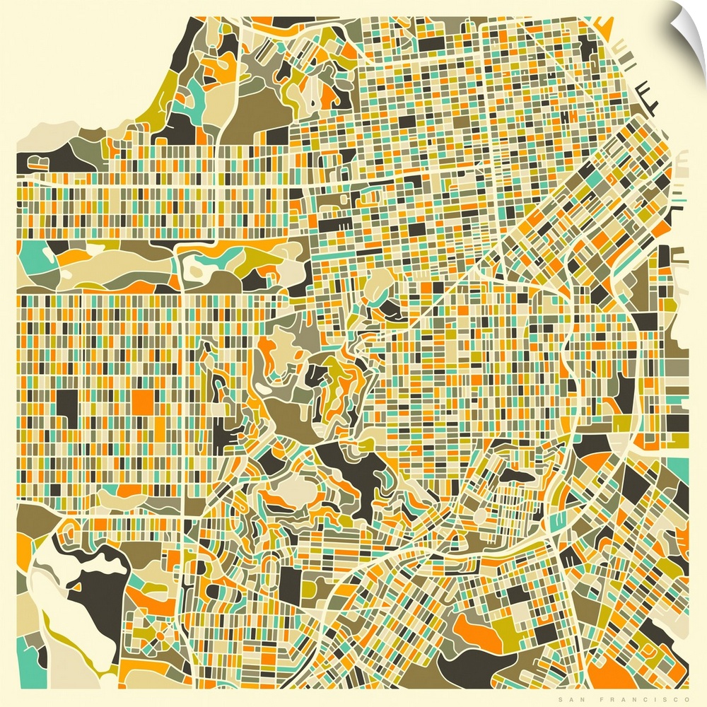 Colorfully illustrated aerial street map of San Francisco, California on a square background.