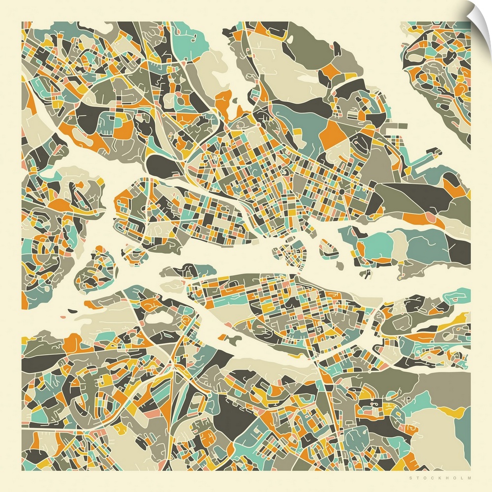 Colorfully illustrated aerial street map of Stockholm, Sweden on a square background.