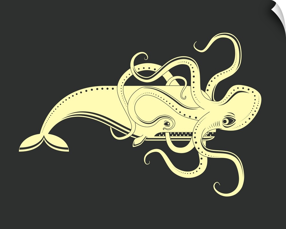 Illustration of a large octopus attached to a whales face, in cream and black.