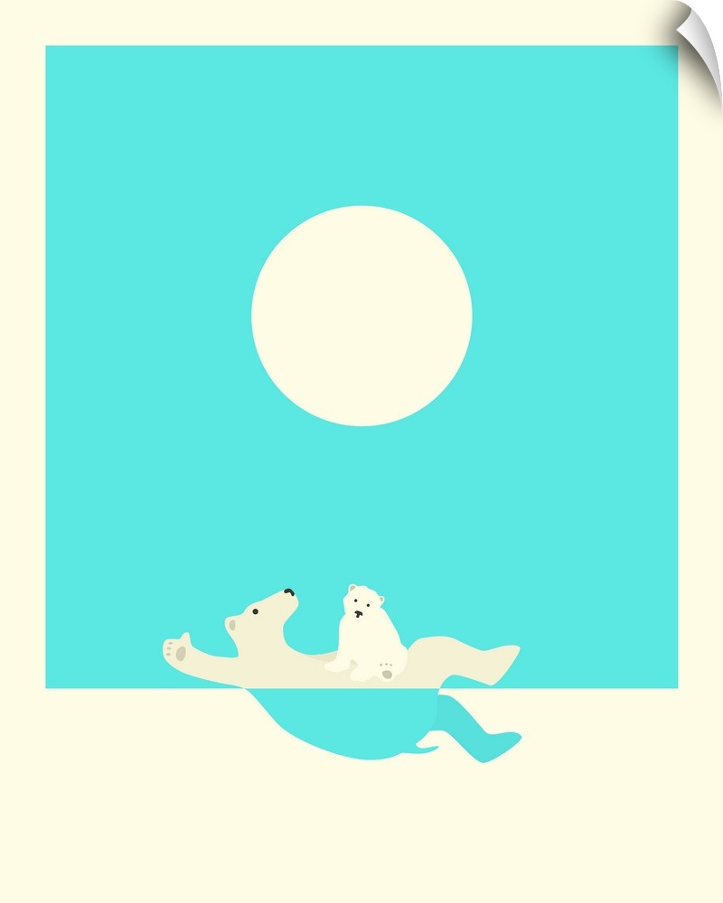 Minimalist illustration of a polar bear swimming on its back with its child on its stomach, in bright blue and cream hues.