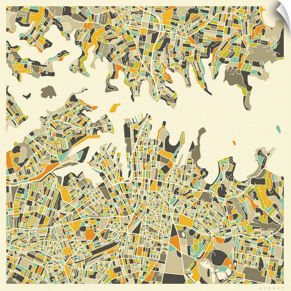 Colorfully illustrated aerial street map of Sydney, Australia on a square background.