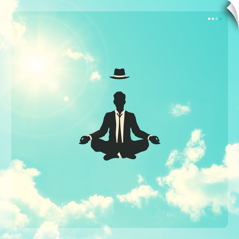 Conceptual illustration of a man in black and white meditating while floating in the bright, cloudy sky with his hat float...