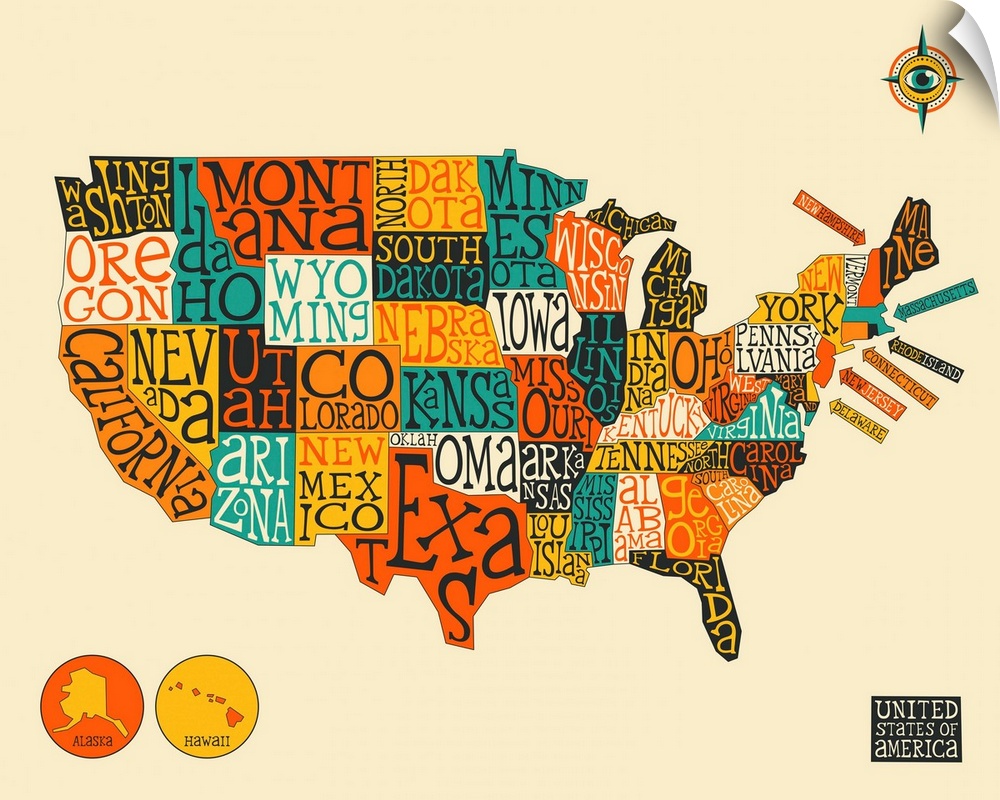 Illustrated map of the United States of America with the name of each state written out in the appropriate area.