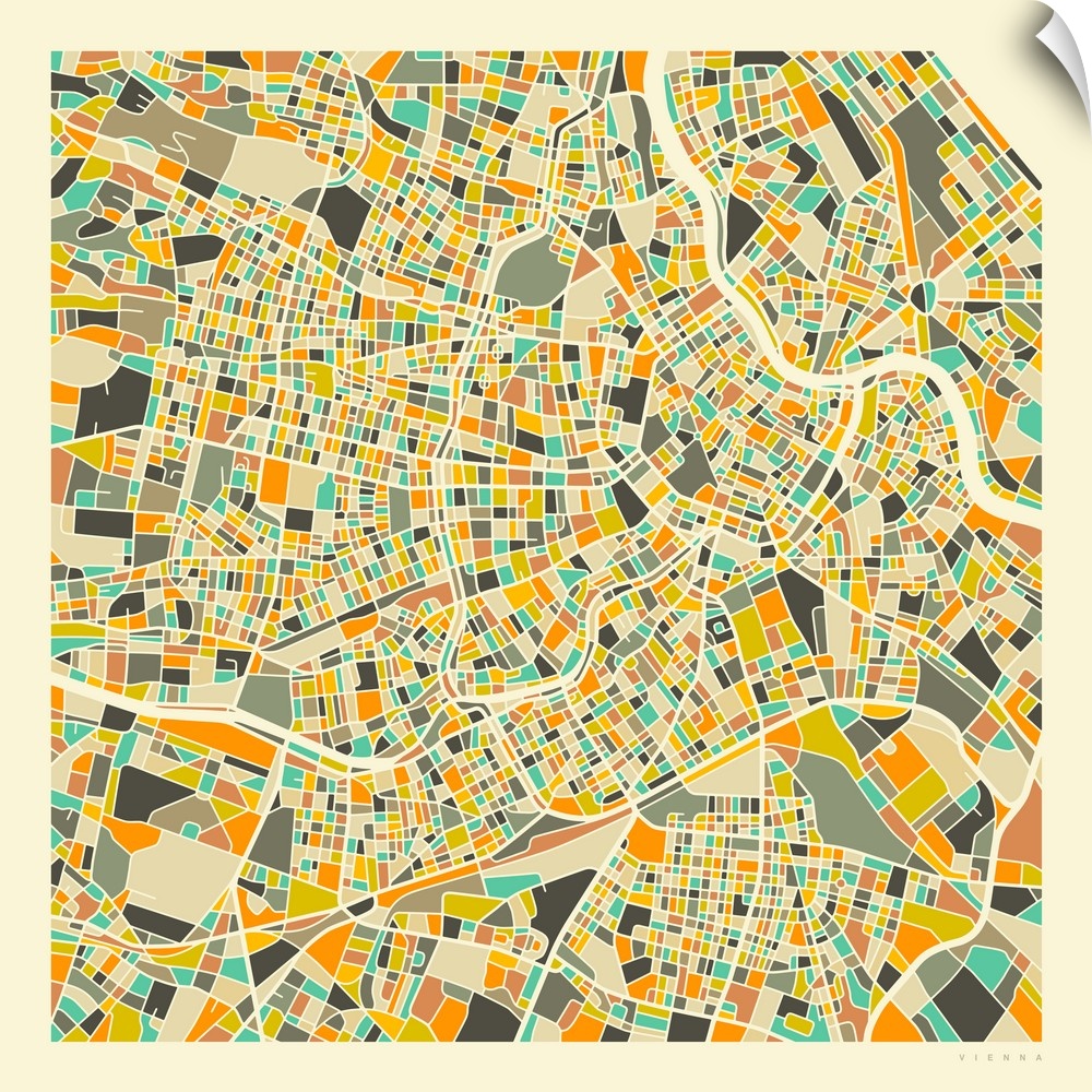 Colorfully illustrated aerial street map of Vienna, Austria on a square background.