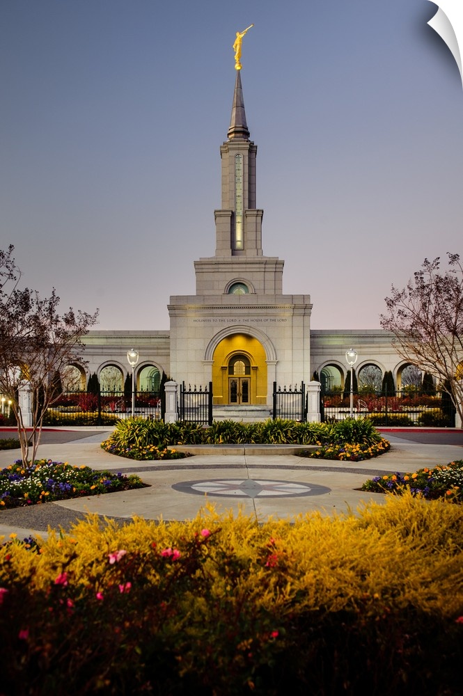 The Sacramento California Temple overlooks Lake Natoma from the hill where it sits. The Sierra Nevada Mountains can be see...