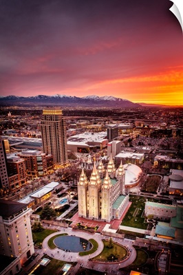 Salt Lake Temple, Aerial View at Sunset, Salt Lake City, Utah