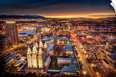 Salt Lake Temple, Aerial View, right after Sunset, Salt Lake City, Utah