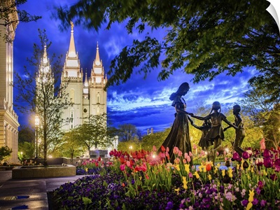 Salt Lake Temple, Kids at Play Twilight, Salt Lake City, Utah
