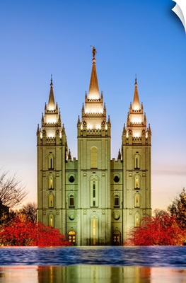Salt Lake Temple, Red Bushes at Night, Salt Lake City, Utah