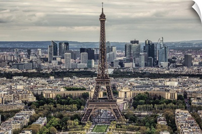 Aerial view of the Eiffel Tower and La Defense in Paris