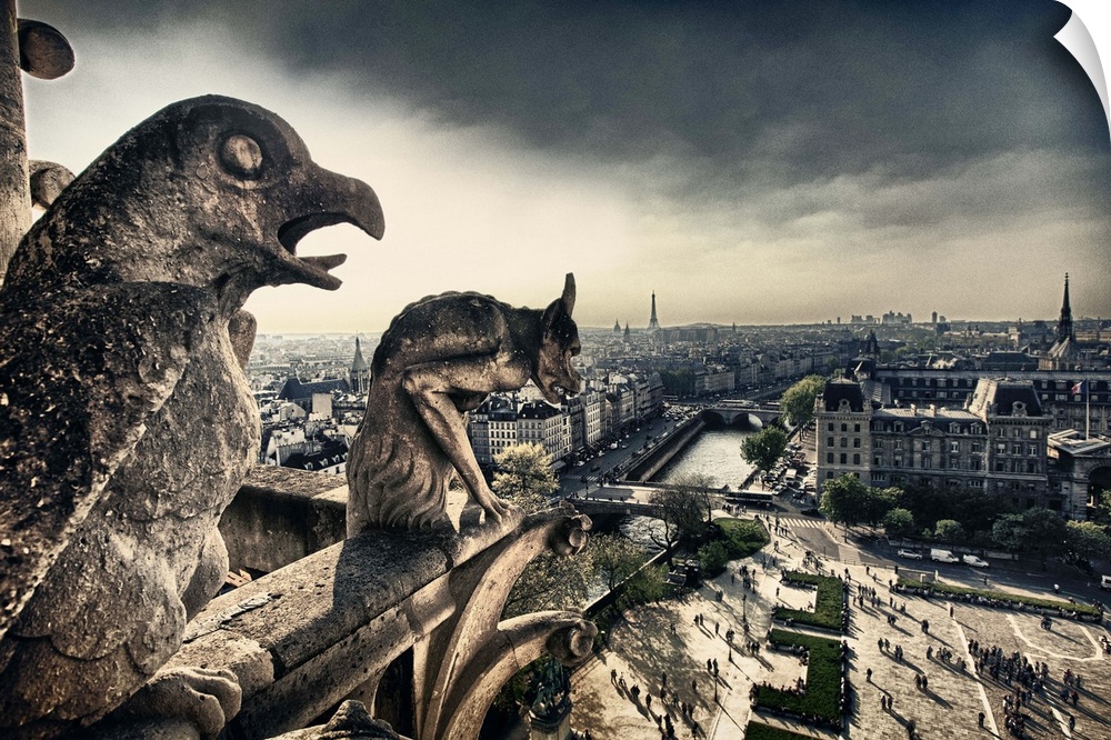 Two gargoyles on the edge of a balcony overlooking the city on a stormy day, the Eiffel Tower in the distance.