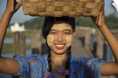 Burmese girl with Tanaka face paint in Bagan Burma