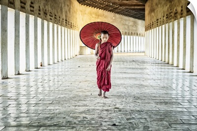 Burmese Monk With Parasol Walking In His Monastery