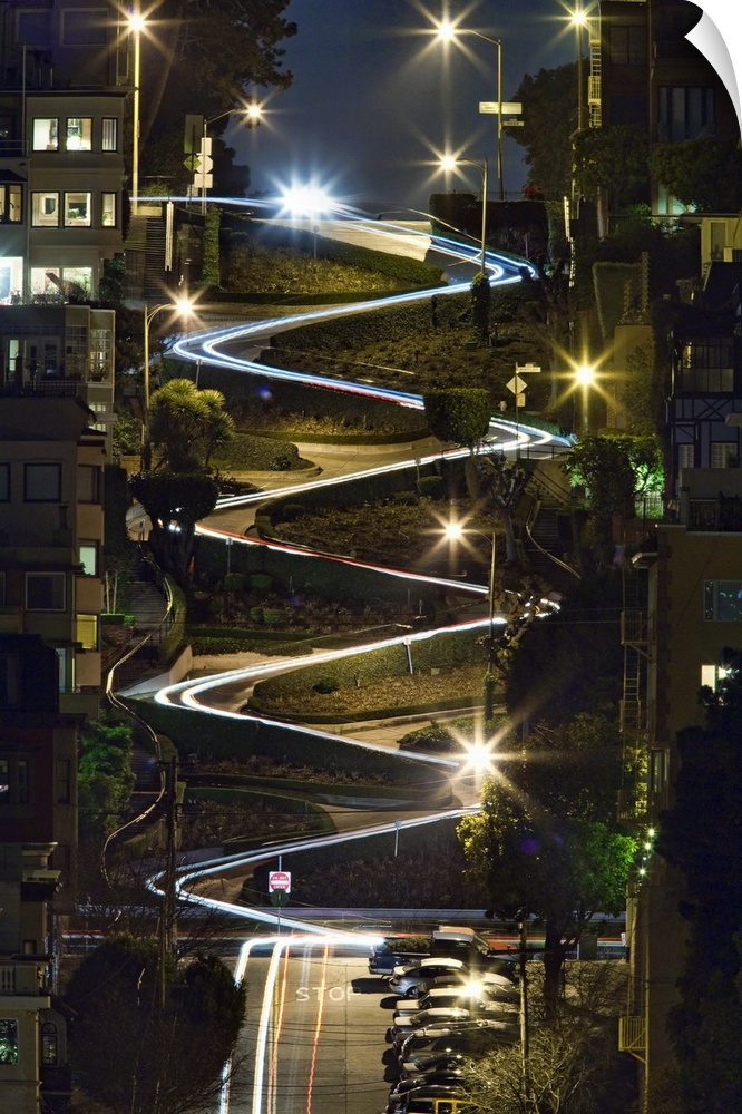 The lights from cars during the evening on Lombard Street in San Francisco, California.
