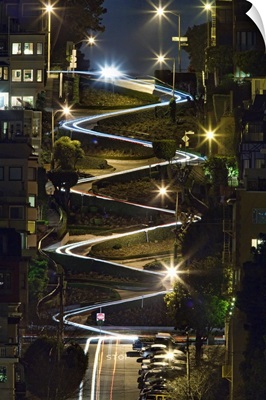 Car trails on Lombard Street at night, San Francisco, California