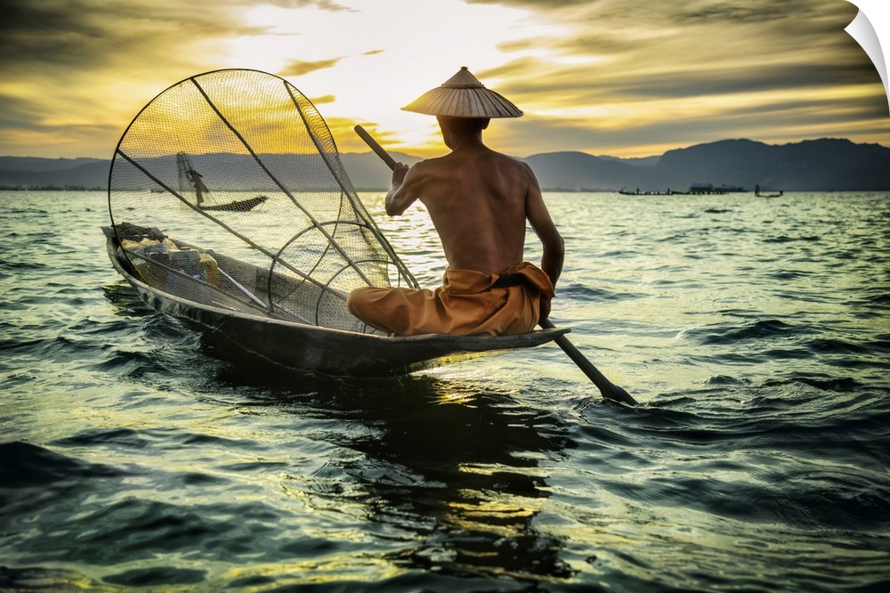 Fisherman at sunset in Inle Lake, Burma