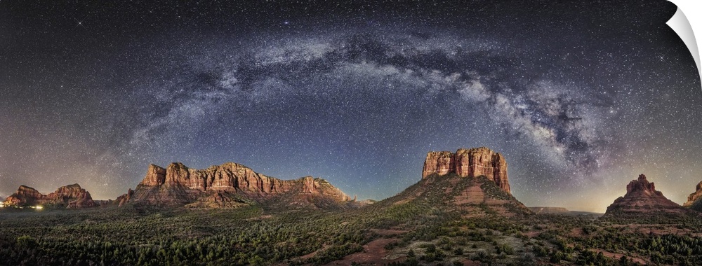 Milky Way panorama with moonlight in Sedona, Arizona.