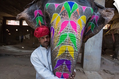 Painted elephant and its trainer in Jaipur, India