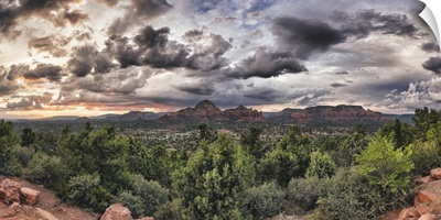 Panorama of clouds and red rocks in Sedona, Arizona