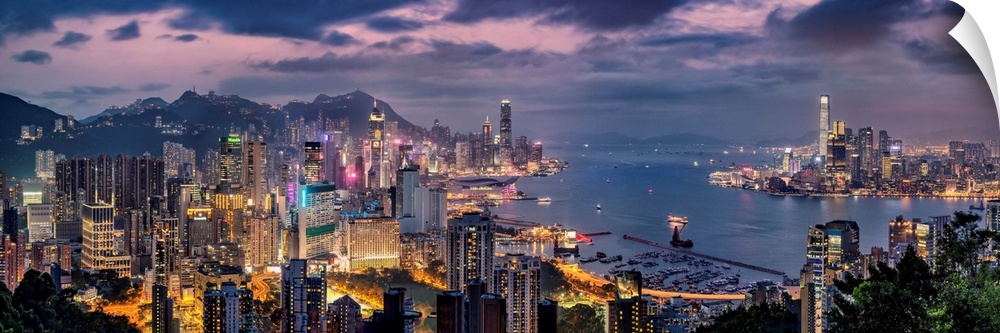 Panorama of Hong Kong Harbor after dark