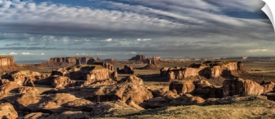 Panorama of Hunts Mesa rock formation in Monument Valley, Arizona