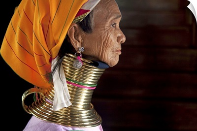 Profile of a Padaung ring neck woman in Inle Lake, Burma