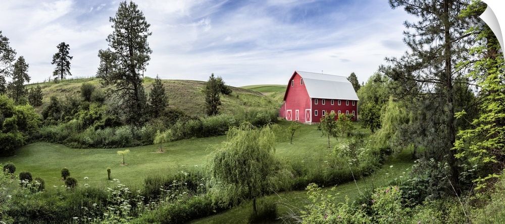 Red barn and gardens in the Palouse region of Washington.