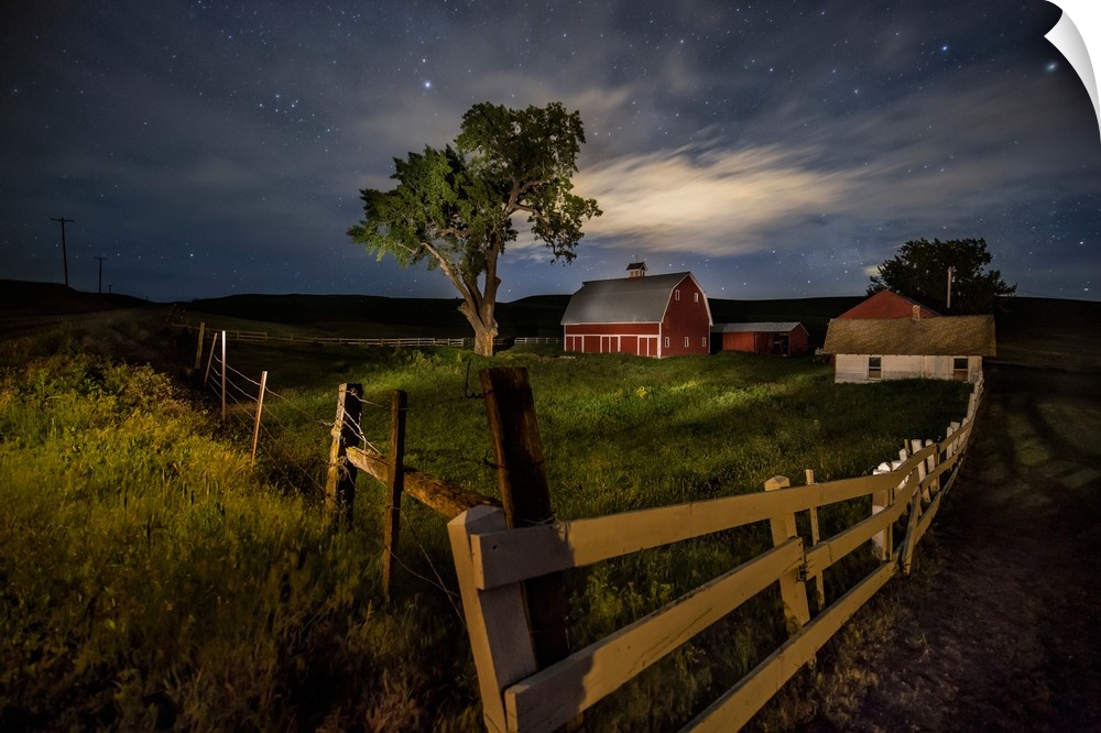 Red barn under the stars in the Palouse region of Washington.