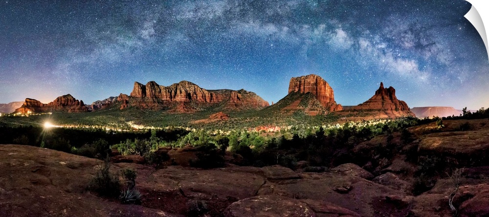 Milky Way panorama above the rred rocks of Sedona, Arizona.