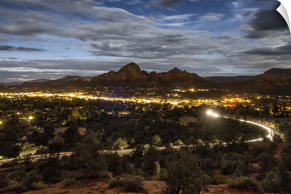 Sedona, Arizona after dark from above.