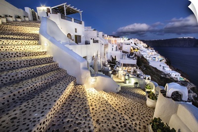 Stairs with a view of Oia, Santorini, Greece