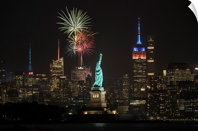 Stature of Liberty, Empire State Building and fireworks in NYC