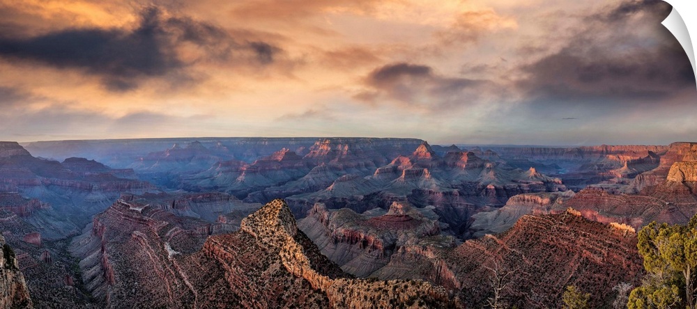 Sunset with clouds panorama in the Grand Canyon.