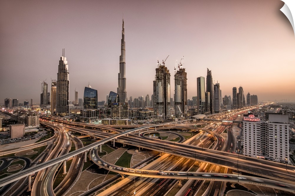 The Burj Khalifa and massive interchange of Dubai.