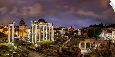 The Roman Forum after dark in Rome, Italy
