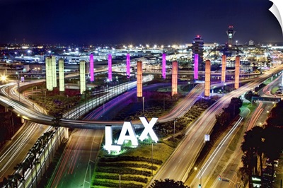 View with neon lights from above LAX Airport, Los Angeles, California