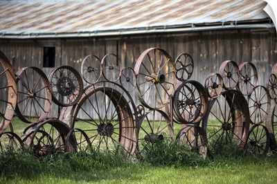 Wagon wheels and barn in the Palouse region of Washington