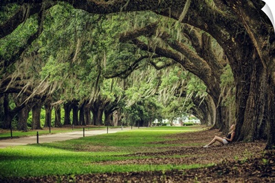 Woman leaning against a huge Oak tree at Boone Plantation