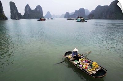 Woman selling fruit by her floating village, Halong Bay, Vietnam