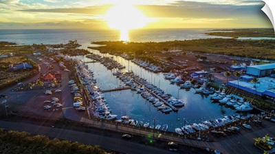 Aerial photograph of the Kona Marina, Hawaii, at sunset
