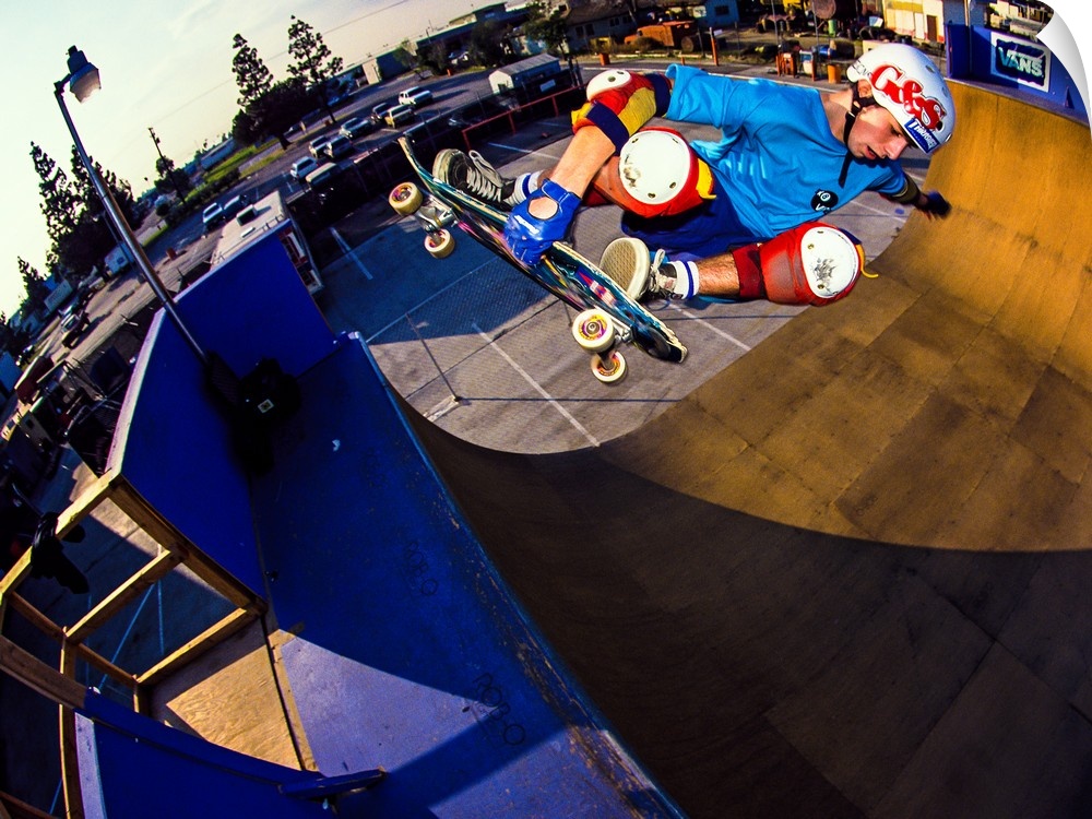 Bod Boyle skateboarding off a ramp at Vans Off The Wall Skatepark in Huntington Beach, California.