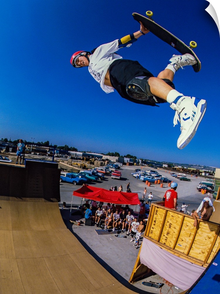 Christian Hosoi skateboarding through the air at Vans Off The Wall Skatepark in Huntington Beach, California, 1989.