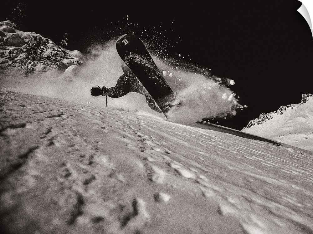 Dramatic black and white image of Ian Spiro snowboarding in the Cascades, Mazama, Washington.