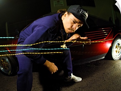 Ice-T posing with a car and light effects, 1988