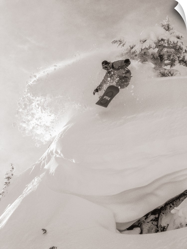 Black and white image of Pat Abramson kicking up powder while snowboarding down Mt. Baker in Washington.