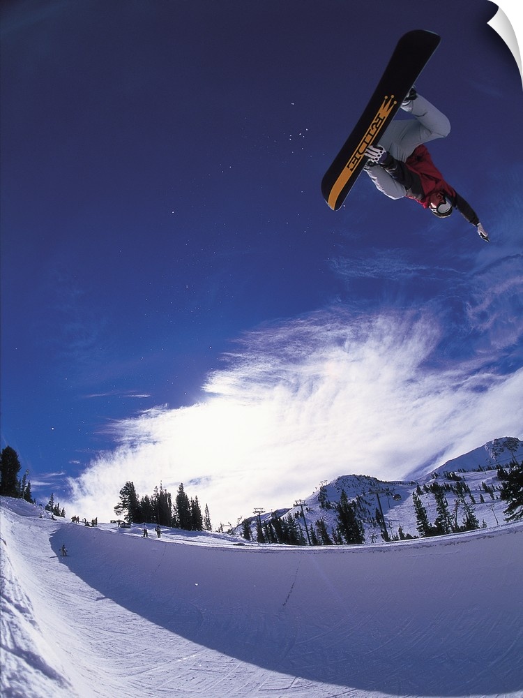 Scott Eckhard performing a straight air jump at Mammoth Mountain Ski Area, California.