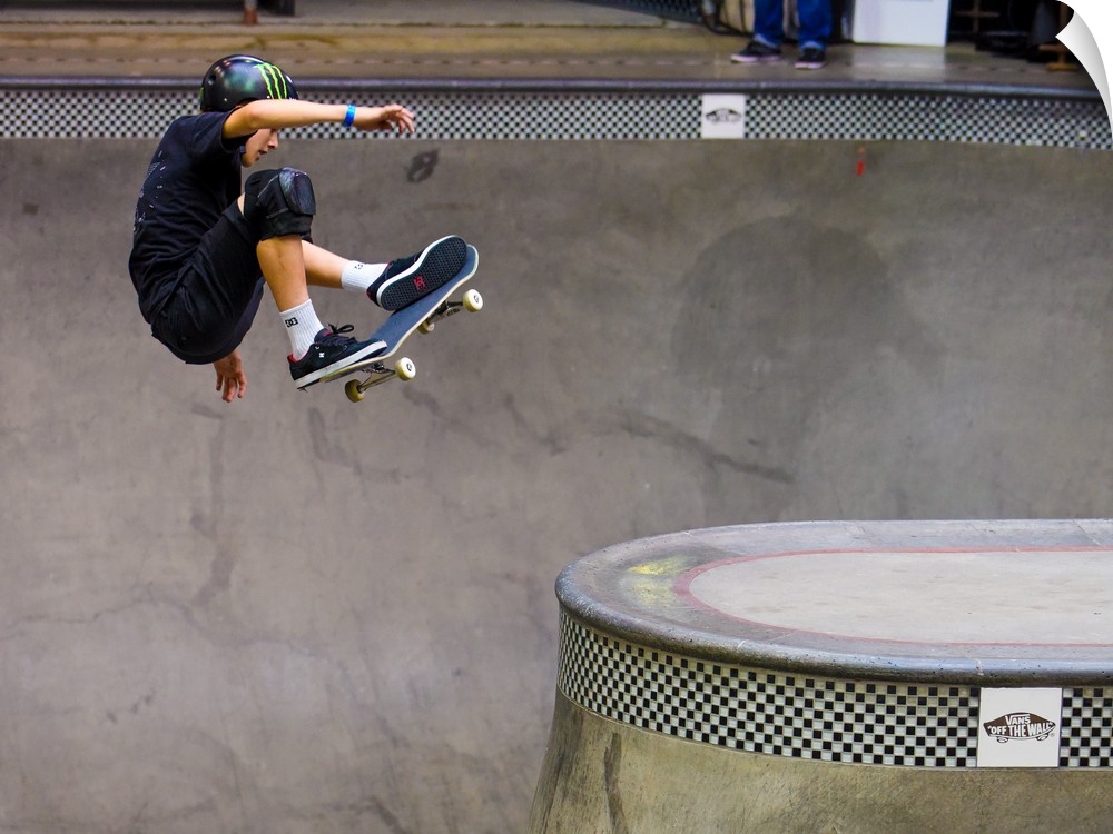 Tom Schaar jumping on his skateboard at Vans Off The Wall Skatepark in Huntington Beach, California, 2016.