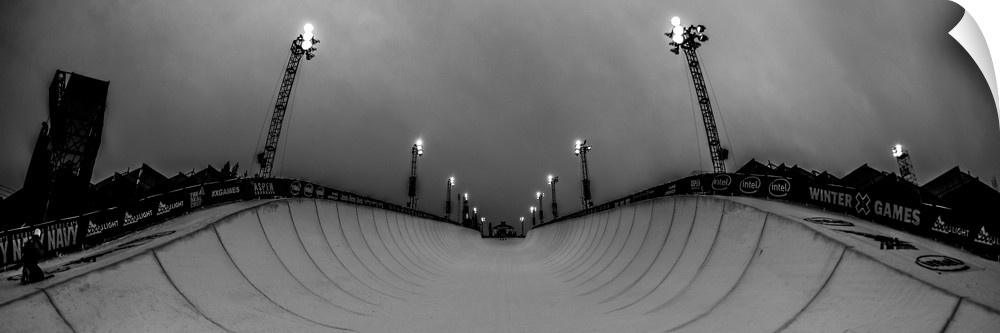 Black and white panorama of the Halfpipe at the 2016 XGames at Aspen, Colorado.